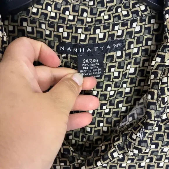 Manhattan Co Men’s Button Geometric Tan Green Casual Shirt Rayon US 3X Vintage - Picture 4 of 9